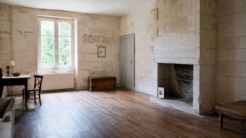 Pièce lumineuse dans une maison ancienne en pierre avec cheminée et parquet ancien.