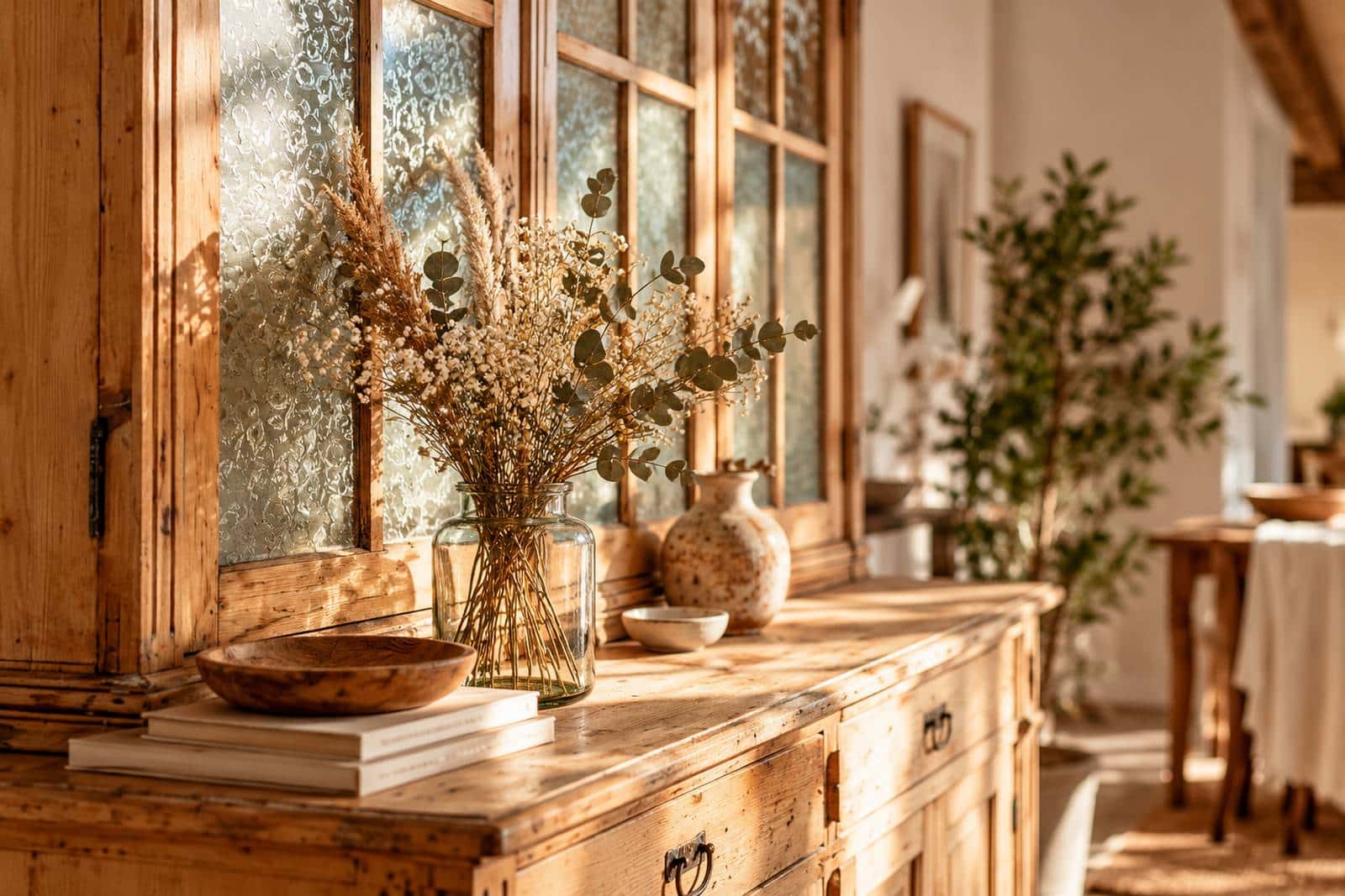 Meuble de brocante chiné et buffet en bois ancien pour aménagement slow déco.