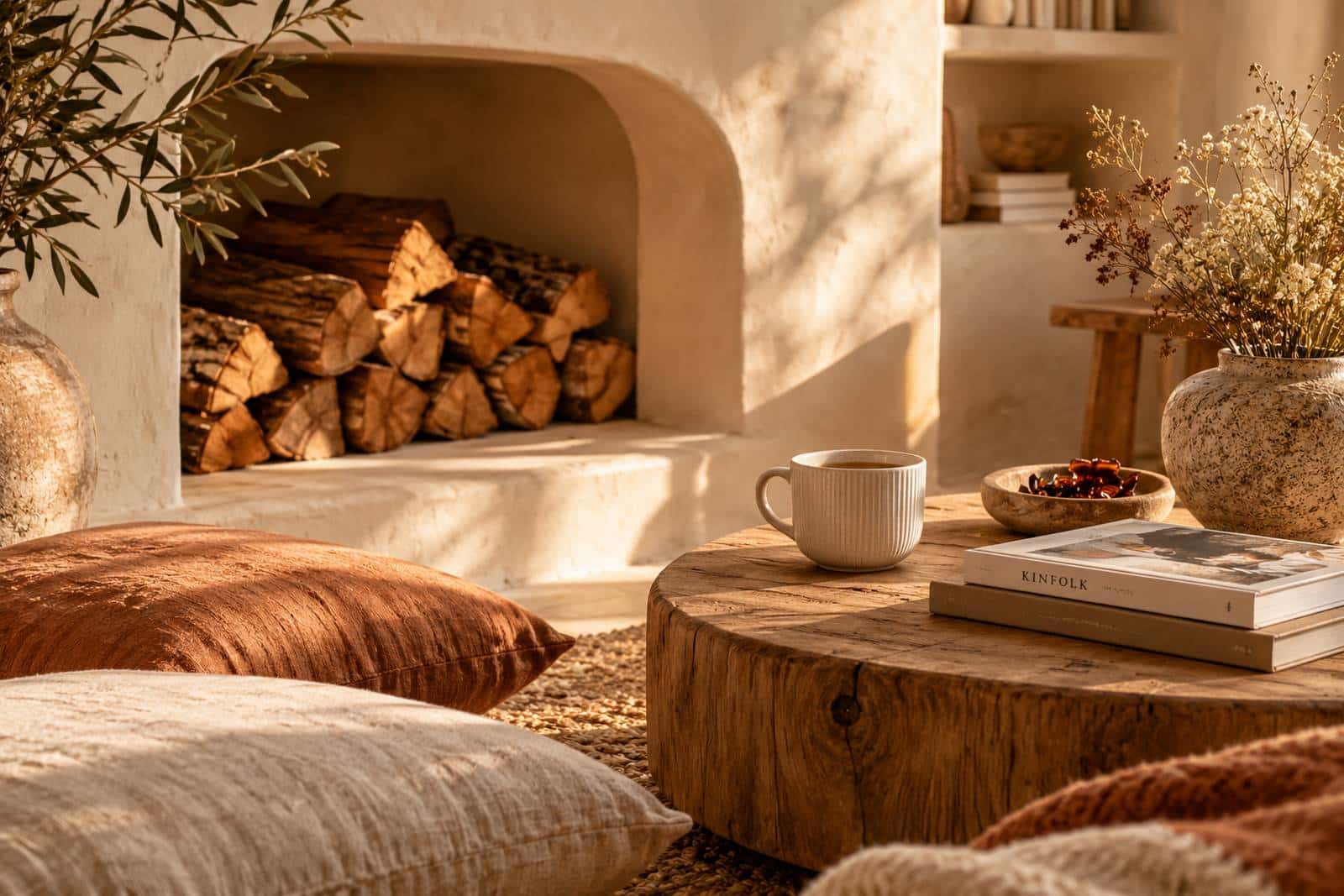 Ambiance salon chaleureux et naturel inspiration déco écoresponsable en Charente-Maritime.